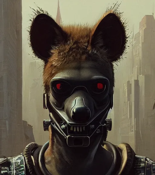 Image similar to new york city portrait of furry anthro anthropomorphic spotted hyena head animal person fursona wearing clothes strange cybernetic muzzle gloomy rainy screenshot from the video game cyberpunk 2077 digital art by Greg Rutkowski, Simon Stalenhag, christopher nolan trending on Artstation, CGSociety