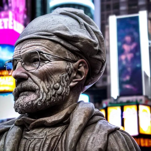 Image similar to a photograph of a very detailed renaissance sculpture of walter white wearing a phrygian cap in times square, made by michelangelo, from the distance, hyper detailed, sharp focus, 8 k resolution, ray tracing