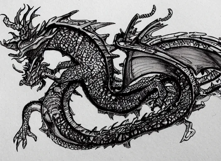 Image similar to pen and ink sketch, steam punk dragon