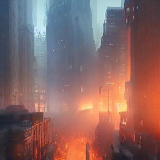 Prompt: city on fire greg rutkowski, digital art, volumetric fog, ue 4, ue 5, unreal engine 5,
