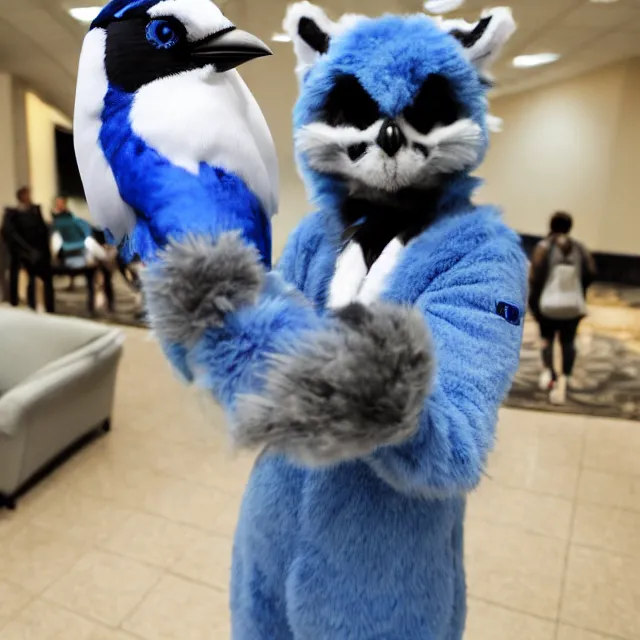 Image similar to a person wearing a fursuit of a blue jay fursona, fursona, furry convention, hotel lobby, indoors, photograph, furry fandom, photorealistic,