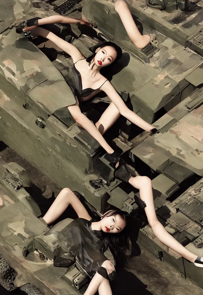 Image similar to gorgeous chinese model, elegant shiny reflective party dress, languishing lays down prone at the front of a military tank at dusk, fashion photography by steven meisel, geometric intervention, cubism