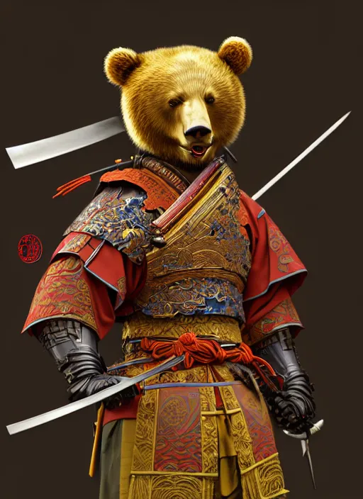 Prompt: anthropomorphic samurai bear, diffuse lighting, fantasy, intricate, highly detailed, lifelike, photorealistic, digital painting, artstation, illustration, concept art, smooth, sharp focus, art by alphonse mucha and kitagawa utamaro and ogata korin and aya takano