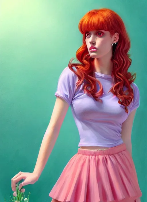 Image similar to full body portrait of teenage cheryl blossom, bangs, green eyes, sultry expression, red hair, sultry smirk, bangs and wavy hair, pink skirt, intricate, elegant, glowing lights, highly detailed, digital painting, artstation, concept art, smooth, sharp focus, illustration, art by wlop, mars ravelo and greg rutkowski