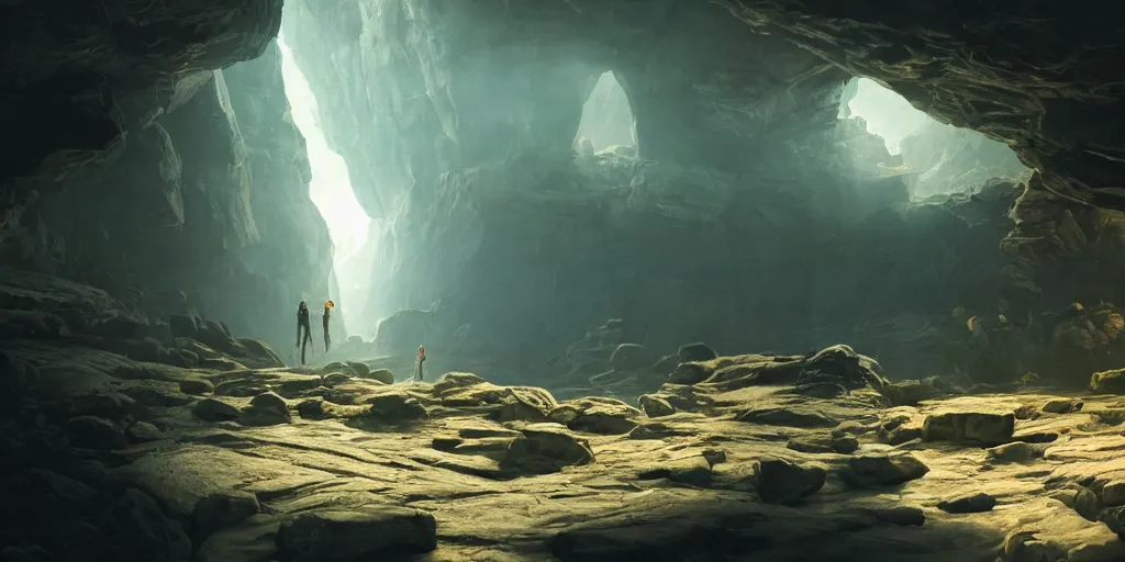 Prompt: discovery of a highly advanced civilization in a mechanical robot cave with minimal lighting in the style of thomas cole, cinematic lighting, raytracing, 8 k, octane render, volumetric, vivid, beautiful, hyperrealism