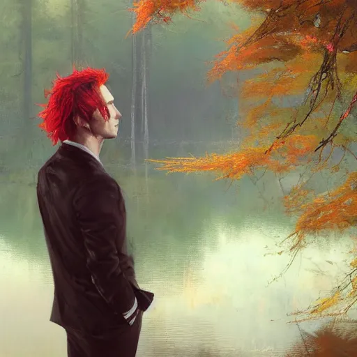 Prompt: stoic young man with red tipped green hair wearing a cream suit shedding a single tear standing before a lake in an autumnal forest holding a halberd shaped like a carnation, oil painting by jeremy mann and yoji shinkawa