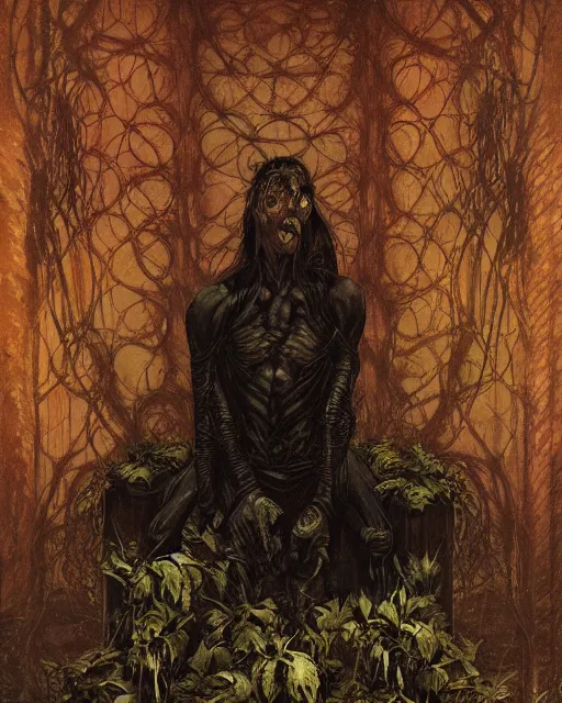 Prompt: dark figure seated in agony alone inside an empty dark ballroom overgrown with plants in the style of Ayami Kojima, Amano, Karol Bak, Greg Hildebrandt, and Mark Brooks, dimly lit interior room, Greg Rutkowski and Francis Bacon, perfect smile