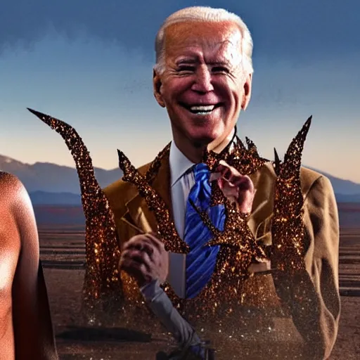 Image similar to a highly very very detailed photo of Joe Biden with attending Burning Man on the Playa with an Anarcho-primitivist Donald Trump survivalist covered in body glitter, very very detailed, photorealism, Photoshop, very coherent, HD