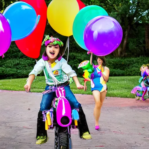 Prompt: children from Toy Story riding (my little pony) at a birthday party in the city park. balloons, cake, presents, craziness, havoc, by Pixar