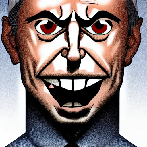 Image similar to solid glowing eyes, digital portrait of secretary of denis mcdonough face with solid glowing eyes, cover art of graphic novel, evil laugh, menacing, Machiavellian puppetmaster, villain, simple style, solid colors, clean lines, clean ink, trending on artstation