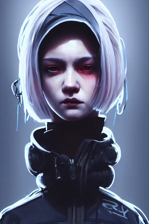 Image similar to very cool girl grey hair girl wearing streetwear, techwear, cyberpunk style outfit, full body portrait, atmospheric lighting, detailed portrait, volumetric cinematic lighting, intricate complexity, by greg rutkowski, cushart krentz, artgerm, ross tran, conrad roset, takato yomamoto, ilya kuvshinov. 4 k, portrait lighting