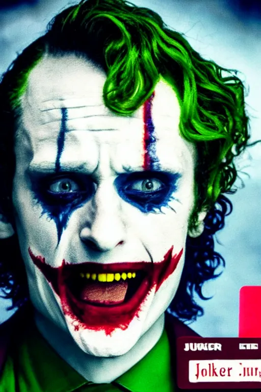 Prompt: film still of Elijah wood as joker in new joker film, printed on a playing card