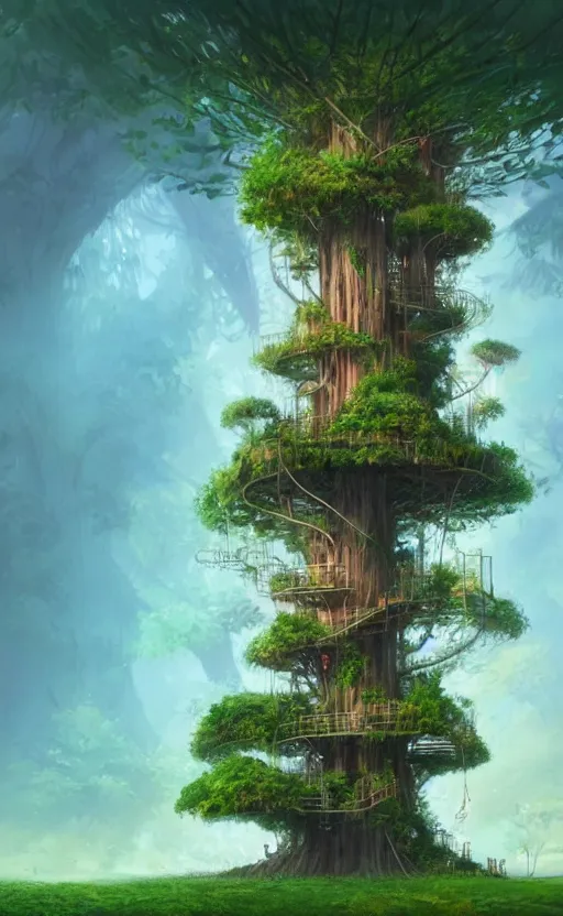Image similar to a very tall tree with lots of plants growing on it, giant redwood treehouse, concept art by gediminas pranckevicius, cgsociety contest winner, fantasy art, dystopian art, made of vines, artstation hd