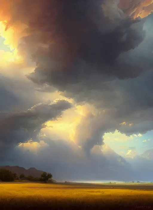 Prompt: painting of a storm coming over a field, a matte painting by rhads, featured on deviantart, hudson river school, apocalypse landscape, apocalypse art, storybook illustration