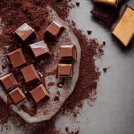 Prompt: extremely delicious looking photo of desert with melted chocolate, expensive top quality product, most perfect chocolate on the world, small manufacture, unique style, 8 k, product photography, professional studio photography