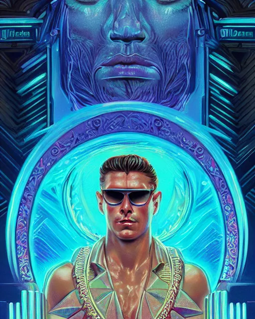 Prompt: synthwave!! outrun art - deco poseidon wearing sunglasses and a laurel wreath | highly detailed | very intricate | symmetrical | cinematic lighting | award - winning | closeup portrait | 8 0 s nostalgia | painted by donato giancola and mandy jurgens and charlie bowater | featured on artstation