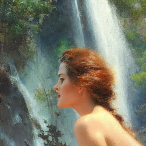 Prompt: beautiful woman standing under a waterfall, close up, painting by gaston bussiere, craig mullins, j. c. leyendecker, 4 k, 8 k, trending on artstation, artstationhd, artstationhq, highest detail