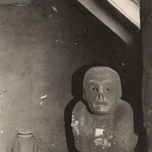 Prompt: a disturbing, melancholy photograph of a solemn golem locked up in a synagogue attic