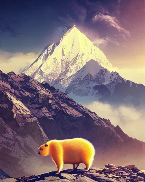 Image similar to white capybara at the peak of himalayas, surreal photography, sunrise dramatic light, impressionist painting, colorful clouds, digital painting, artstation, kilian eng, john harris, bastien lecouffe - deharme, simon stalenhag, flower face