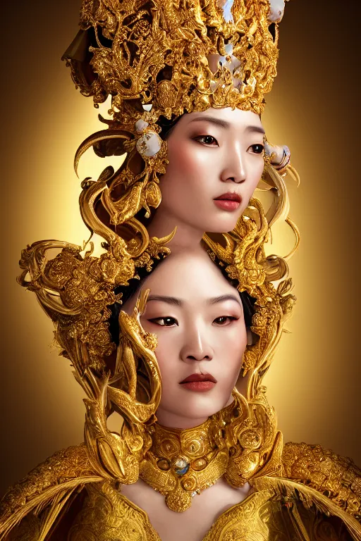 Image similar to a beautiful empress portrait, with a brilliant, impossible striking shiny big gold headpiece, reflective surface, gold clothes, rococo, baroque, jewels, asian, realistic, studio lighting, closeup, D&D, fantasy, intricate, elegant, highly detailed, digital painting, artstation, octane render, 8k, concept art, matte, sharp focus, illustration, art by Artgerm and Greg Rutkowski and Alphonse Mucha