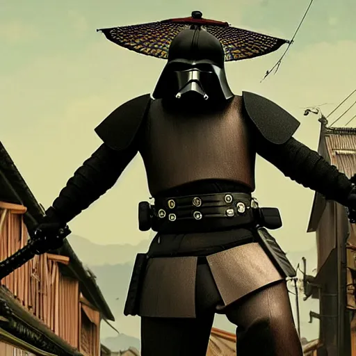 Image similar to keanue reeves wearing samurai armor walks in a street in a japanese village from 19th century in a star wars style, a x-wing is flying in the sky, rainy day, highly detailed, very highly detailed, 4k, photorealistic