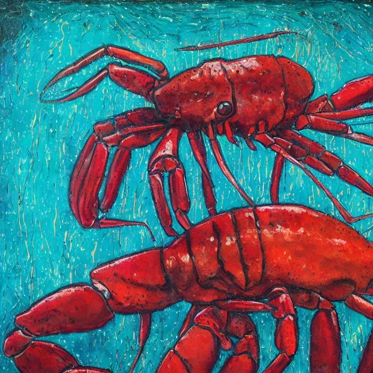 Prompt: Hyperrealistic intensely colored Studio wet collodion Photograph portrait of a deep sea Maine Lobster with large claws deep underwater in darkness long exposure, award-winning nature deep sea expressionistic impasto heavy brushstrokes oil painting by Fabian Marcaccio and Jean Dubuffet and Audubon vivid colors hyperrealism 8k