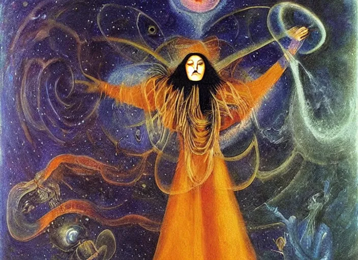 Prompt: a shaman woman holding up the cosmic!! universe, by remedios varo, reflection, symbolist!, psychedelic colors, dramatic!! lighting, smooth, sharp focus, extremely detailed, aesthetically pleasing composition