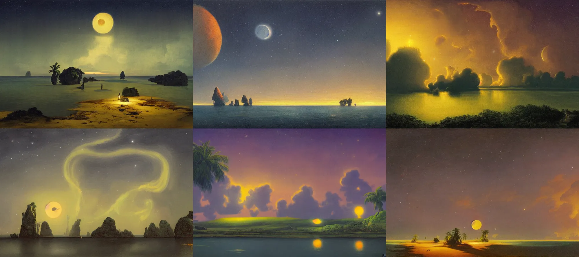 Prompt: vaadhoo landscape at night in the style of Dr. Seuss, starships, painting by Raphael Lacoste