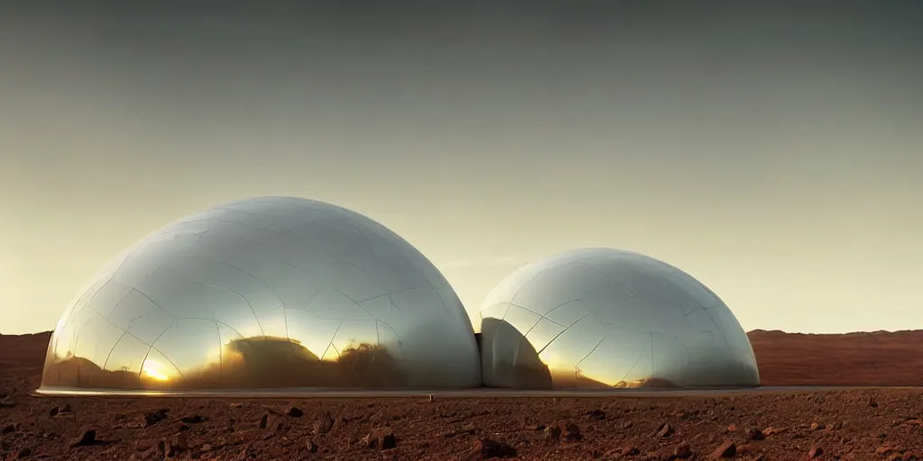 Image similar to a strange huge transparent pvc inflated organic architecture building white by jonathan de pas sits in the planet mars landscape, golden hour, film still from the movie directed by denis villeneuve with art direction by zdzisław beksinski, close up, telephoto lens, shallow depth of field