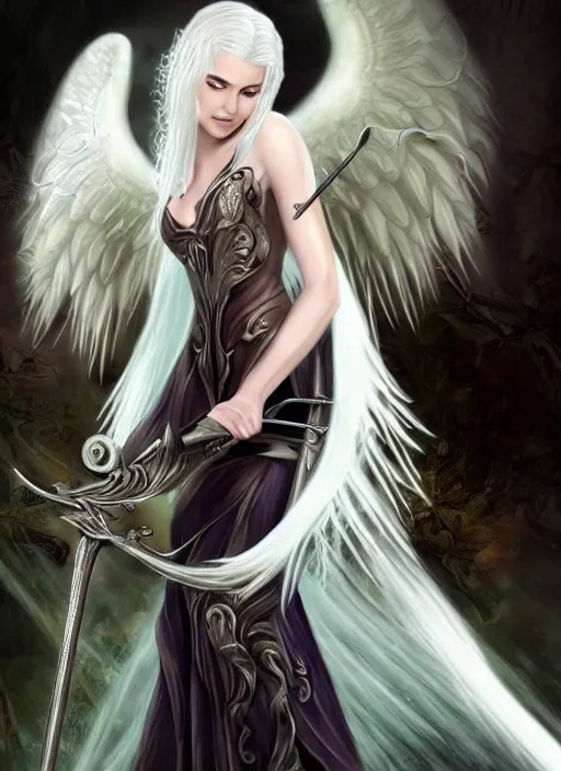 Prompt: a woman angel with white hair and wings holding a sword, a digital rendering by Anne Stokes, deviantart, fantasy art, deviantart hd, deviantart, angelic photograph