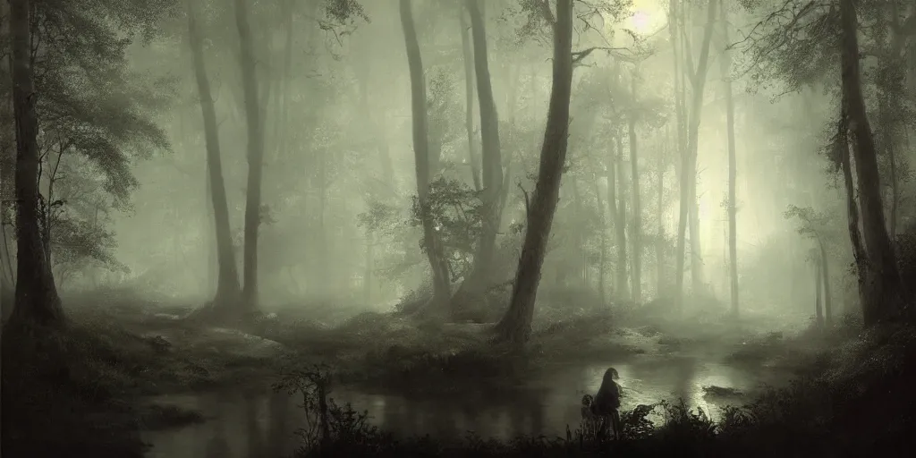 Prompt: [ a dark scene of a dense forest at night with a stream through it, moonlight through trees, volumetric light and mist, fog ], andreas achenbach, artgerm, mikko lagerstedt, zack snyder, tokujin yoshioka