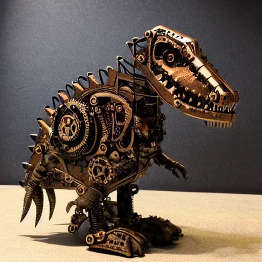 Prompt: a steampunk robotic dinosaur, dark background, super - detailed, photo - realistic,