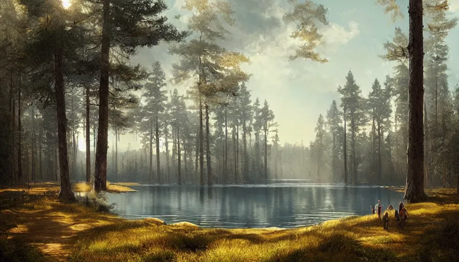 Image similar to portrait of a large lake surrounded by pine forest, highly detailed, sunny, blue sky, cinematic lighting, highly angle, godrays, volumetric, photorealistic, digital art painting by greg rutkowski