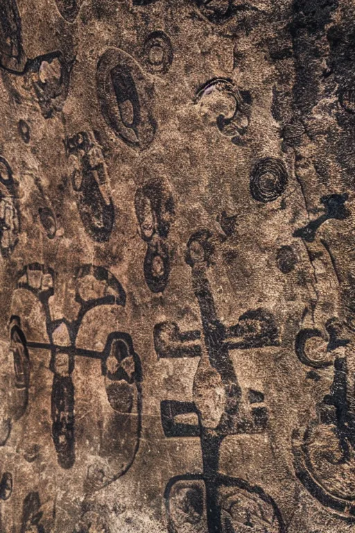 Image similar to 4 k photography of petroglyphs representing crosses, ufo, wifi symbol on a cave