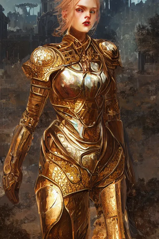 Image similar to portrait knights of Zodiac girl, golden and copper reflected armor, in ruined Agora of Athens, ssci-fi, fantasy, intricate, very very beautiful, elegant, highly detailed, digital painting, artstation, concept art, smooth, sharp focus, illustration, art by WLOP and tian zi and alphonse mucha