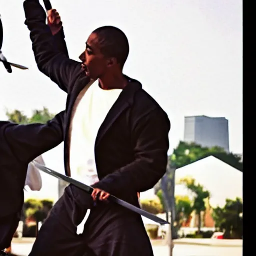 Prompt: tupac swordfighting barack obama, cinematography