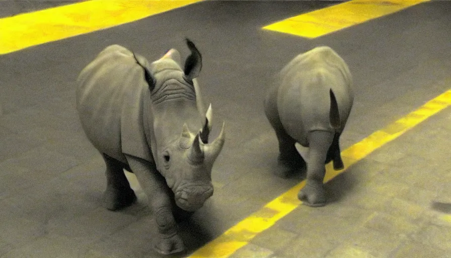 Prompt: a rhinoceros in a public bathroom with yellow tiles floor, mini dv camera found footage, very very low quality picture, heavy grain, heavy jpeg artifact blurry, caught on trail cam