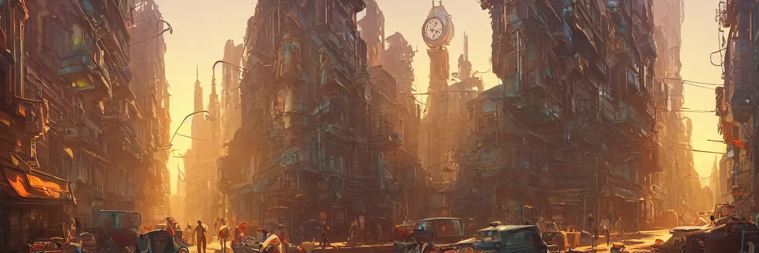 Prompt: an street level painting with high detail, ground level, sci - fi colorful victorian megacity at golden hour with sharp shadows by tyler edlin and sparth, 4 k, vray, art nouveau influences. roger deakins, cinematic cinematography.