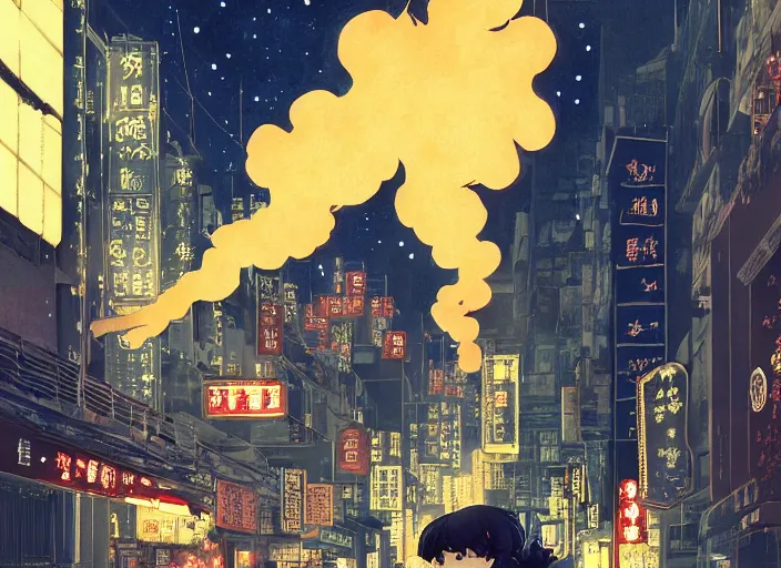 Image similar to anime illustration of 1 9 2 0 s hong kong at night lit by the stars, wispy smoke, highly detailed face, very intricate, symmetrical, cinematic lighting, award - winning, painted by wong kar - wai and mandy jurgens and peter doig, dystopian, bold colors, dark vibes, featured on artstation