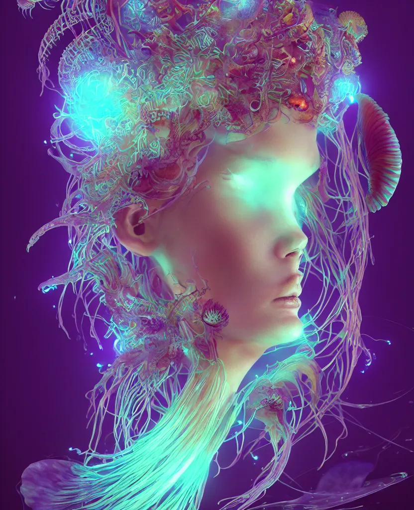 Image similar to goddess close-up portrait. orchid jellyfish phoenix head, nautilus, skull, betta fish, bioluminiscent creatures, intricate artwork by Tooth Wu and wlop and beeple. octane render, trending on artstation, greg rutkowski very coherent symmetrical artwork. cinematic, hyper realism, high detail, octane render, 8k