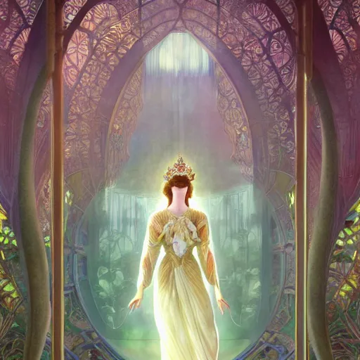 Image similar to a princess full body portrait, fine kindness delicate prefect face, in the flower room, light beam shines through the window, elegant, smooth, sharp focus, atmospheric lighting, masterpiece, style of tom bagshaw, raphael lacoste, peter mohrbacher, louis comfort tiffany, victo ngai, james jean, 4 k hd hyperdetailed illustration wallpaper, chinese style