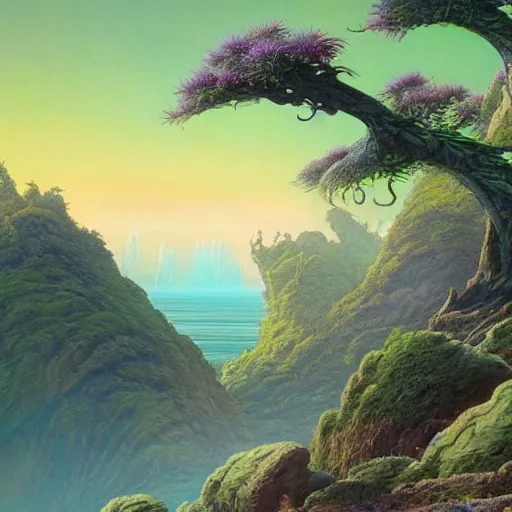 Image similar to digital painting of a lush natural scene on an alien planet by gerald brom. ultra sharp high quality digital render. detailed. beautiful landscape. colourful weird vegetation. cliffs and water.