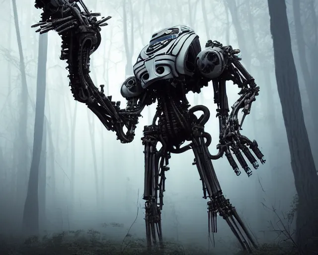 Image similar to photo of general grievous with heavy duty biomechanical hydraulic cybernetic body and 4 arms holding active lightsabers in the forest. cyberpunk horror style. highly detailed 8 k. intricate. nikon d 8 5 0 5 5 mm. award winning photography. art by hr giger and zdzislaw beksinski in the style of hzd