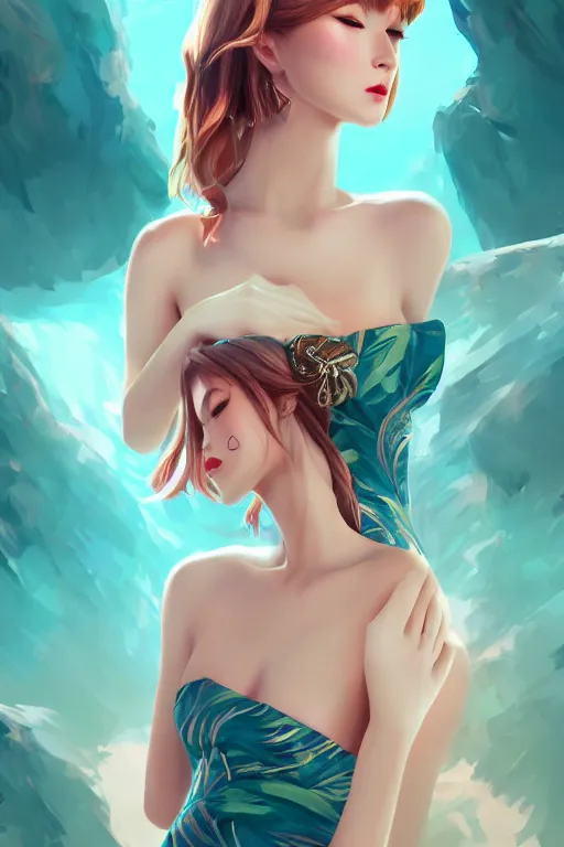 Image similar to a beautiful fashion goddness of love, chic strapless dress, tropical sea background, character design, in the style of artgerm, and wlop, cinematic lighting, hyperdetailed, 8 k realistic, symmetrical, global illumination, radiant light, frostbite 3 engine, cryengine, dof, trending on artstation, digital art