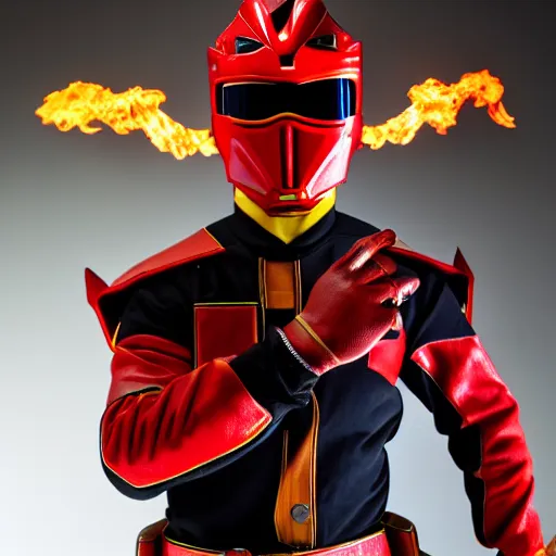 Prompt: professional photo fire man power ranger!!! studio lighting, very detailed, unreal engine, canon photo!!!!, professional lighting, good composition, rule of thirds, winning award photo, real, fire man power ranger, leather suit, heat and chest shot, red helmet