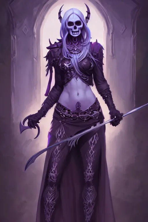 Prompt: Full body character concept art of a female Drow necromancer, skull scythe, pretty face, long dark hair, by Stanley Artgerm Lau, WLOP, Rossdraws, James Jean, Andrei Riabovitchev, Marc Simonetti, and Sakimichan, tranding on artstation