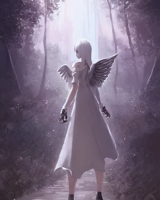 Prompt: infinitely detailed concept art of angel elegantly clothed strolling through a peaceful path, artstation!! / pixiv!!! infinitely detailed, nier automata scenery art concept, dream magical, dream scenery art, dream lighting, full - body majestic angel vivid artwork