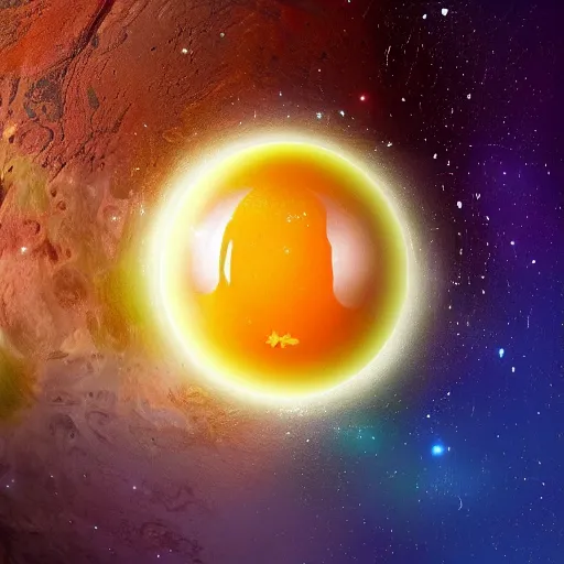 Image similar to the planet earth is the yolk of a galactic egg. the egg is cracked open and earth falls out. digital art, dramatic lighting, comedy, science fiction, concept art, epic fantasy, surreal.