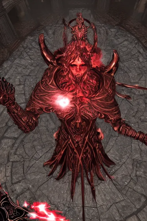 Image similar to Path of Exile, [Sirius], clear [[bronze]] face [mask], luminous red eyes, male image with [bronze] black armor, sitting on the throne, inside the ruined gothic church, black shadows, red lasers, dark red bloody fog, black-grey smoky tornadoes fly around, [[blood]], Anachronism, painting, dark fantasy, steampunk, 4k, perfect quality,