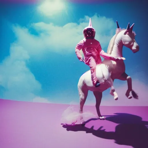 Prompt: justin timberlake riding a pink unicorn in space, cinestill 8 0 0 t, award winning photograph, taken in 1 9 9 9